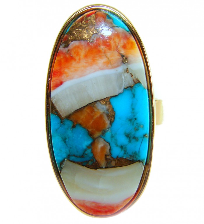 Rare 29.5 carat Oyster Turquoise 18K Gold over .925 Sterling Silver handcrafted Large ring; s. 7 adjustable - Close-up of rare 29.5 carat Oyster Turquoise set in 18K gold over sterling.