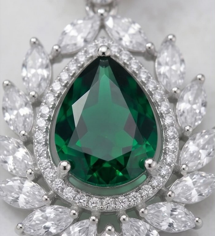 Magnificent Jewel 17.5 carat Emerald 14K white Gold over .925 Sterling Silver handcrafted earrings - Emerald stone close-up with diamond accents, 14K white gold setting.