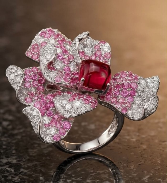 Wild Hibiscus 34.2 carat authentic Mozambique Ruby White Sapphire .925 Sterling Silver handcrafted Statement Ring size 6 - Close-up of Wild Hibiscus ring with Mozambique ruby and diamonds.