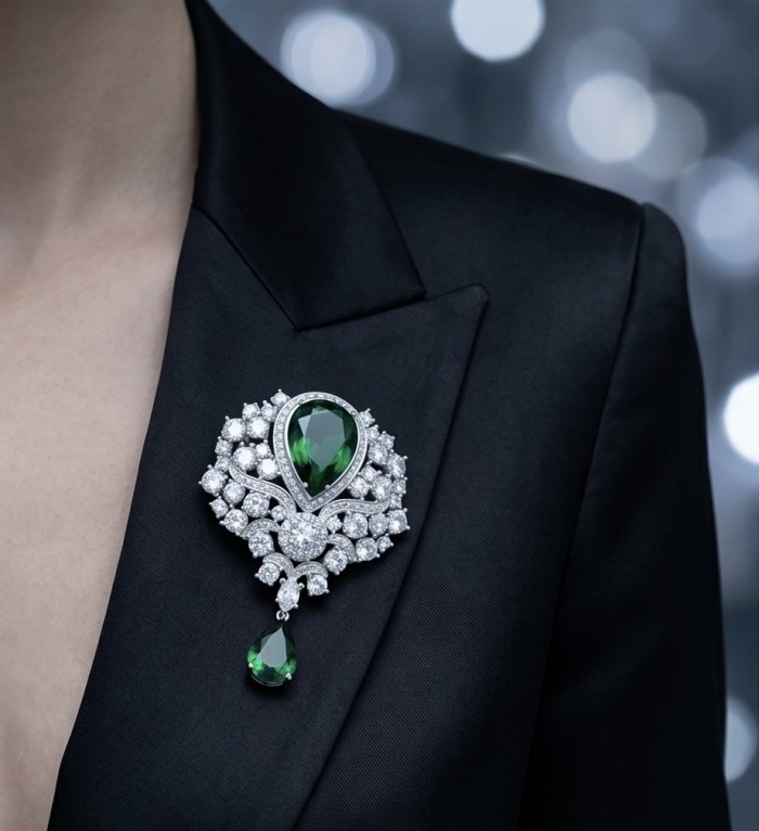 Heirloom Genuine 18.5 carat Colombian Emerald .925 Sterling Silver handmade Pendant - Brooch - Brooch with 18.5 carat emerald worn on black lapel, front view.