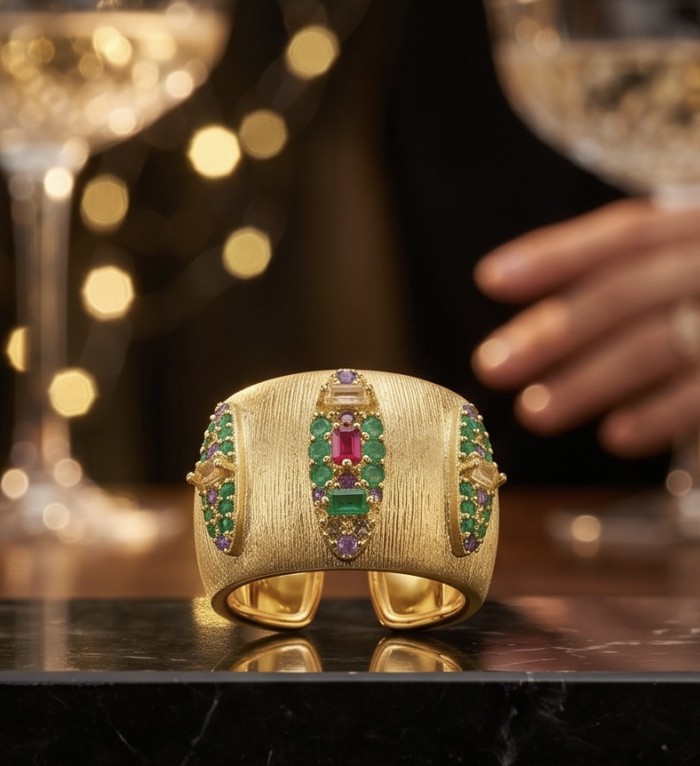 Byzantine design Authentic 4.2 carat 18K Gold over .925 Sterling Silver handcrafted Large Ring s. 8 - Front view of 18K gold Byzantine-style bracelet with gemstones