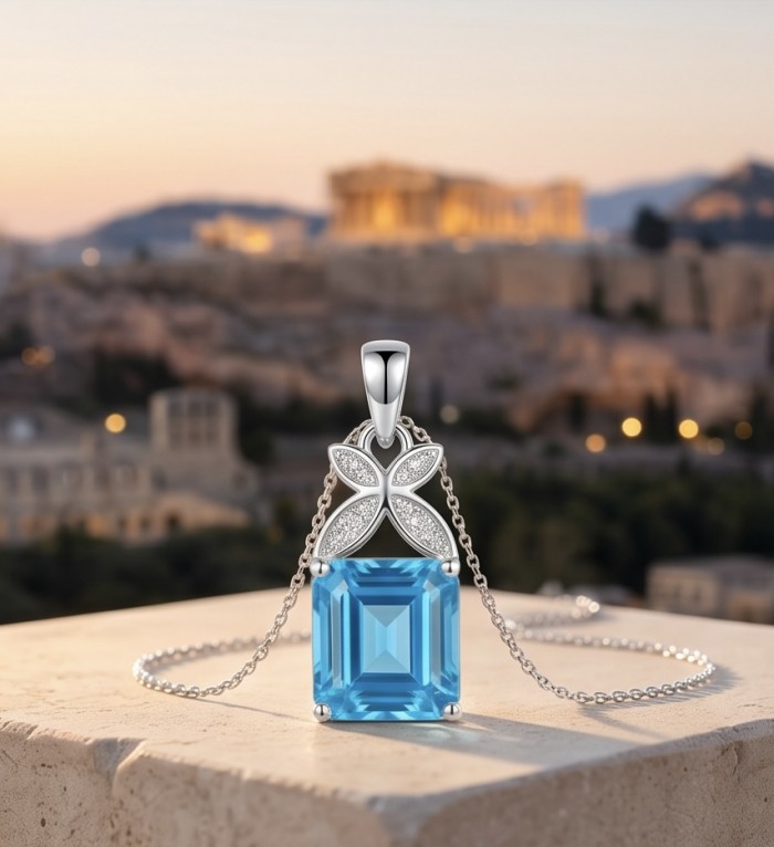 Stella 4.3 carat Swiss Blue Topaz .925 Sterling Silver dipped in rhodium handcrafted Pendant - Close-up of Stella blue topaz pendant in front of a scenic background.