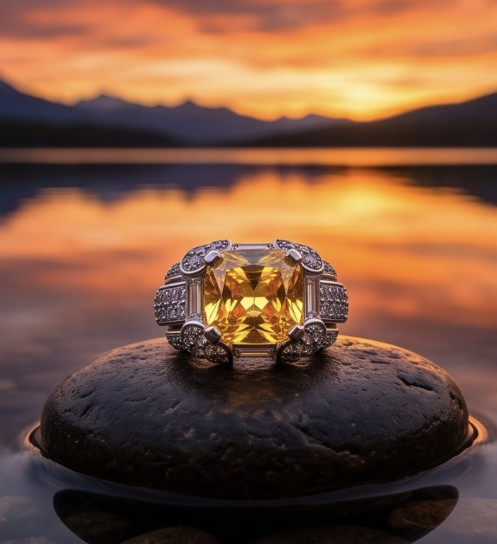 Anastasia 10.2 carat yellow Sapphire .925 Sterling Silver dipped in Rhodium Handcrafted Statement Ring size 6 - Yellow sapphire ring on stone at sunset, close-up view.