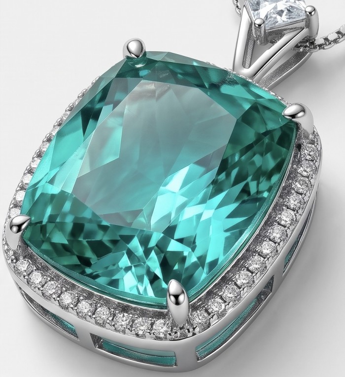 Brazilian's Briliance - emerald cut 31.7 carat Paraiba Tourmaline .925 Sterling Silver handcrafted necklace - Close-up of Brazilian Brilliance 31.7 carat Paraiba Tourmaline pendant
