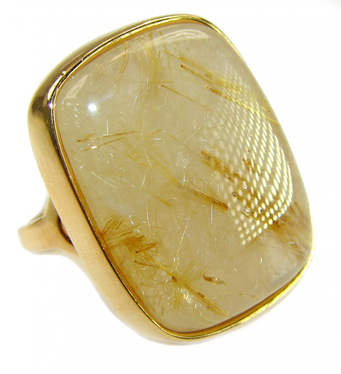 Himalayan Treasure 22.9 carat Best quality Golden Rutilated Quartz 18K Gold over .925 Sterling Silver handcrafted Ring Size 4 1/4 - Golden rutilated ring close-up with gold setting, side view