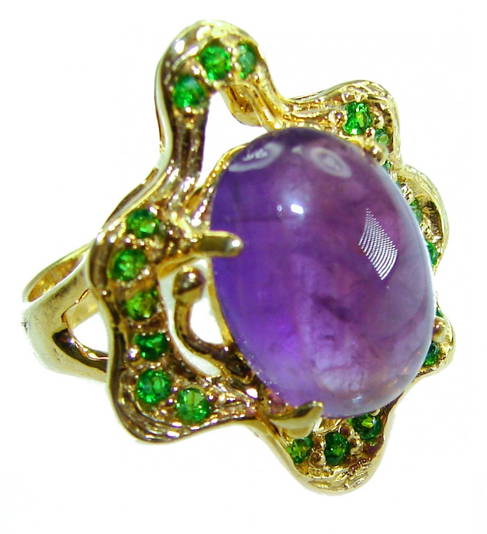 Purple Royalty 25.5 carat Amethyst .925 Sterling Silver dipped in 18K Gold over Handcrafted Ring size 8 - Close-up of Purple Royalty ring with amethyst and green accents