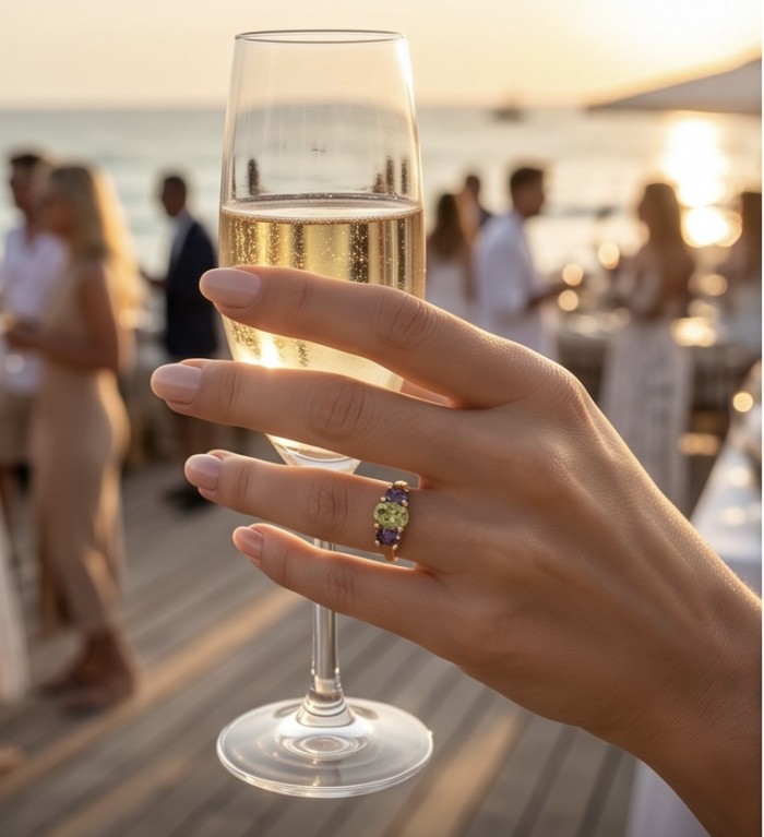 Flower 9.5 carat Multigem 18K Gold over .925 Sterling Silver Handcrafted Ring size 8 - Multigem ring on hand holding champagne glass at sunset event