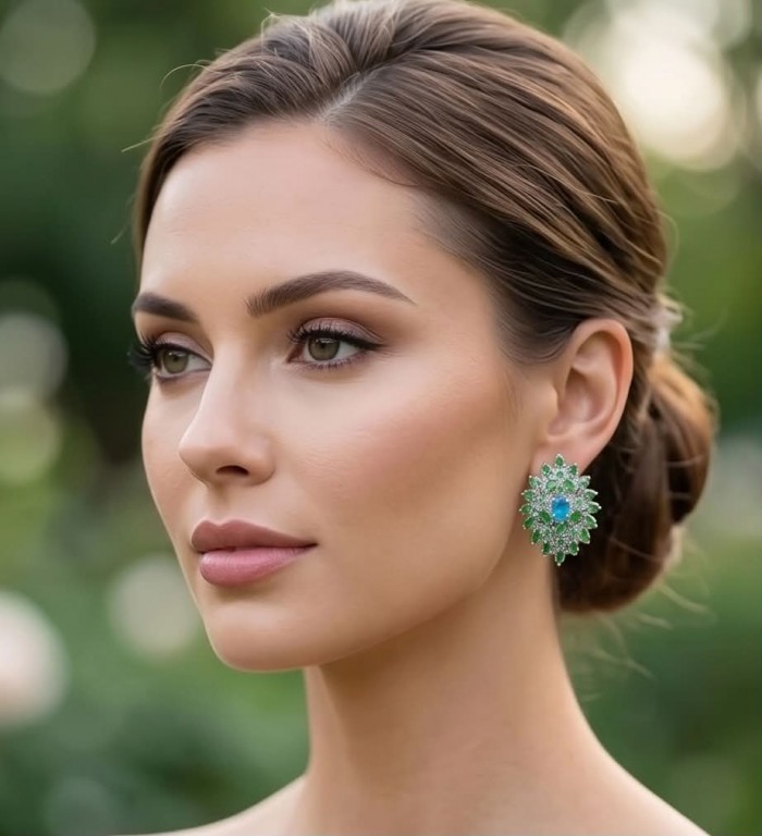 Fiammetta oval cut 4.2 carat Paraiba Tourmaline Tsavorite Garnet .925 Sterling Silver entirely handmade earrings - Woman wearing Fiammetta earrings with Paraiba Tourmaline, side view.