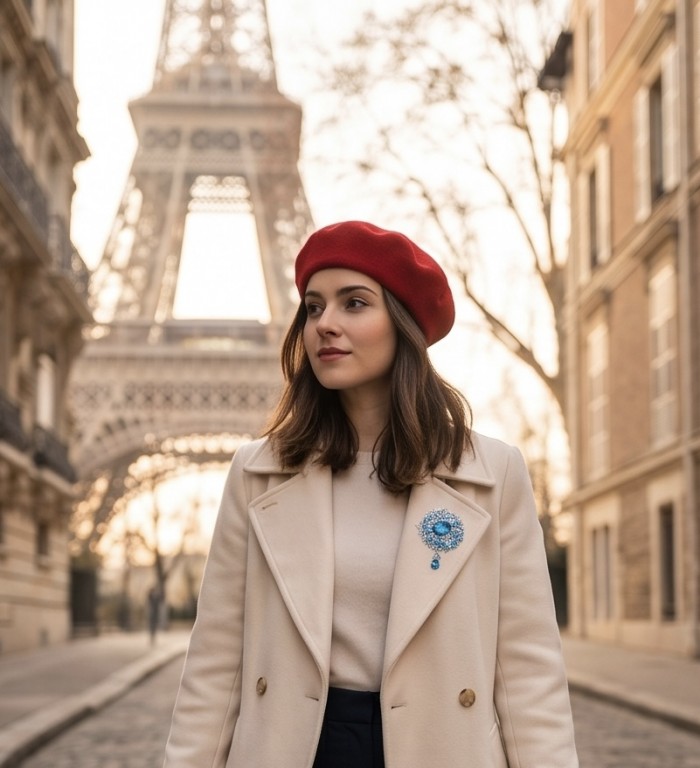 An exuberantly Large 70.2 grams Vintage style Swiss Blue Topaz .925 Sterling Silver DIPPED IN RHODIUM handmade LARGE Pendant - Brooch - Woman wearing beige coat with brooch in front of Eiffel Tower