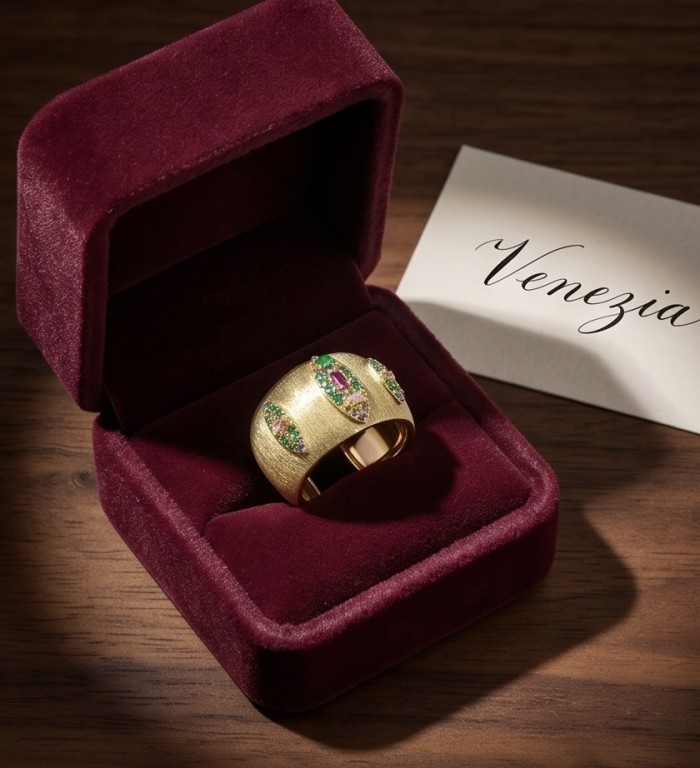 Byzantine design Authentic 4.2 carat 18K Gold over .925 Sterling Silver handcrafted Large Ring s. 8 - Gold ring with gemstones in maroon box, top view, Venezia card visible.