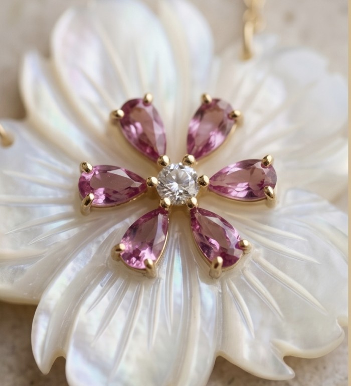Precious White Flowers Blister Pearl 2.2 carat Kunzite 14K Gold over .925 Sterling Silver Necklace - Close-up of a floral design with pink kunzite and pearl accents.