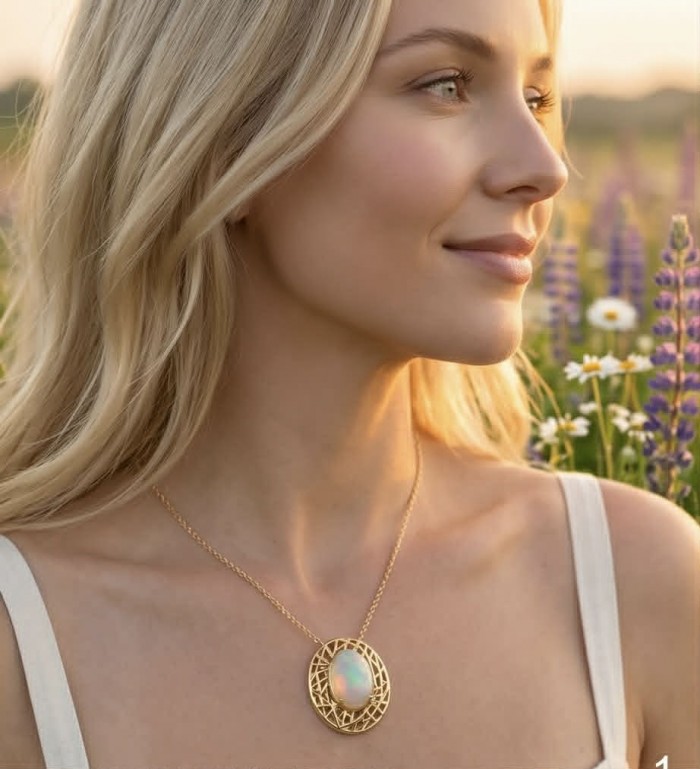 Earth Treasure Authentic 16.8 carat Golden Ethiopian Opal 22K Gold over .925 Sterling Silver handcrafted Statament Necklace - Side view of Earth Treasure 16.8 carat Opal necklace worn in a field.