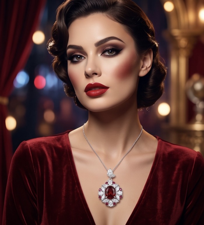 Luxurious 10.9 carat natural Mozambique Ruby .925 Sterling Silver .925 Sterling Silver Statement Necklace - Woman wearing 10.9 carat Mozambique ruby necklace, front view.