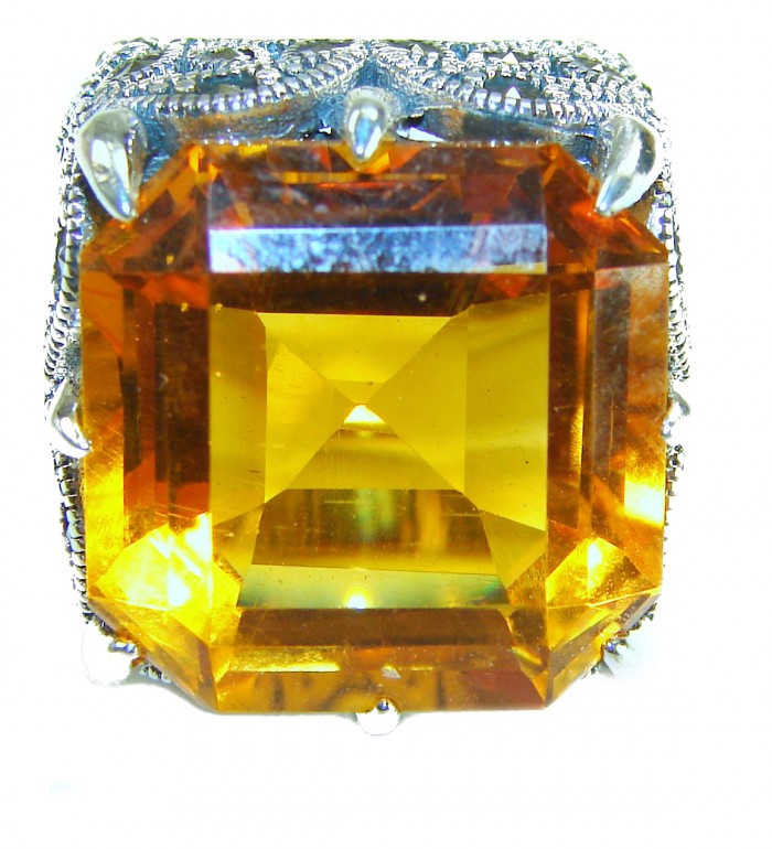 Beauty of the Nature cushion cut 29.5 carat Golden Topaz .925 Sterling Silver handcrafted ring; s. 6 3/4 - Close-up of cushion cut 29.5 carat golden topaz in ornate setting.