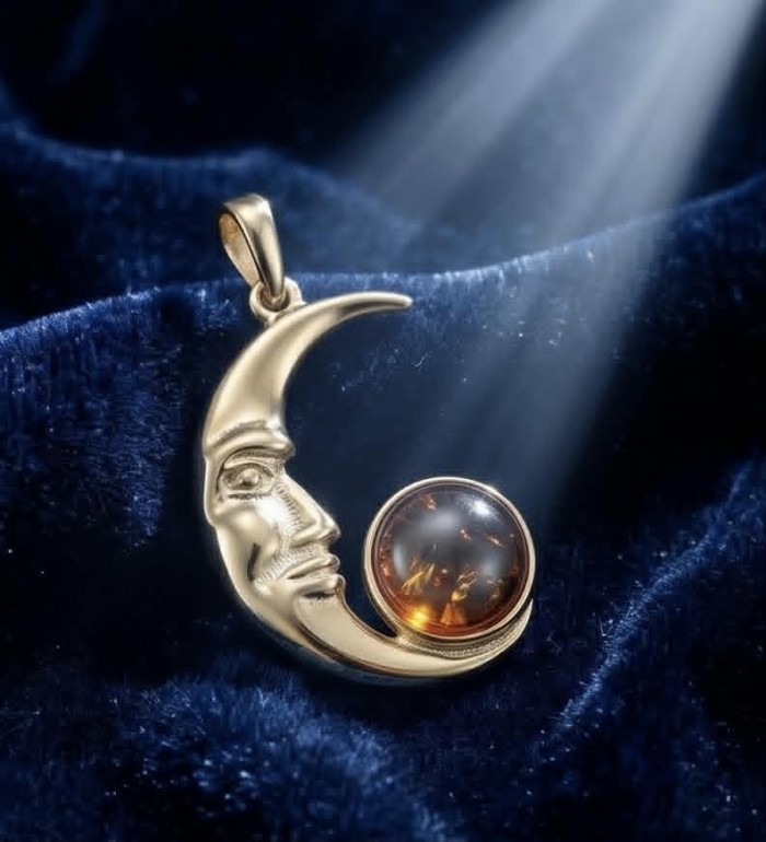 Golden Moon Prehistoric Authentic Baltic Amber 18K Gold over .925 Sterling Silver beautifully handcrafted Pendant - Moon amber pendant on blue velvet, side view with light beam.