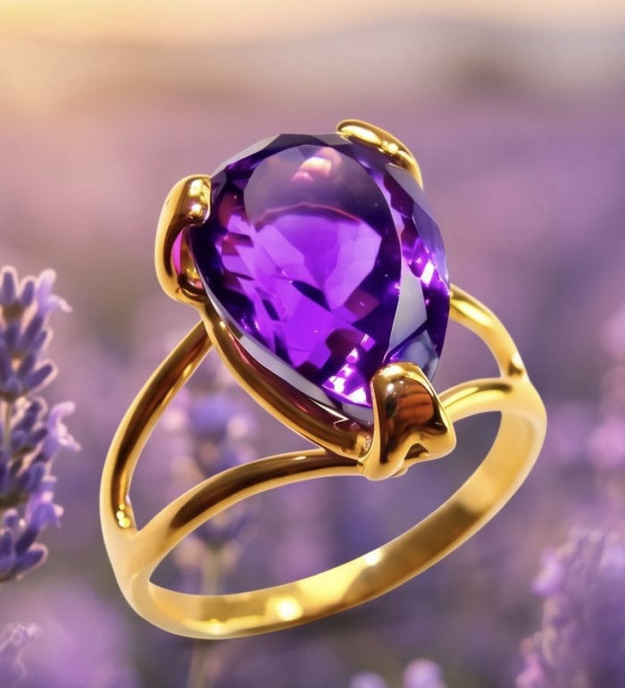 Lavender Love 10.5 carat natural Amethyst 18K Gold over .925 Sterling Silver Handcrafted Ring size 10 1/4 - Amethyst ring close-up, gold setting with lavender background.