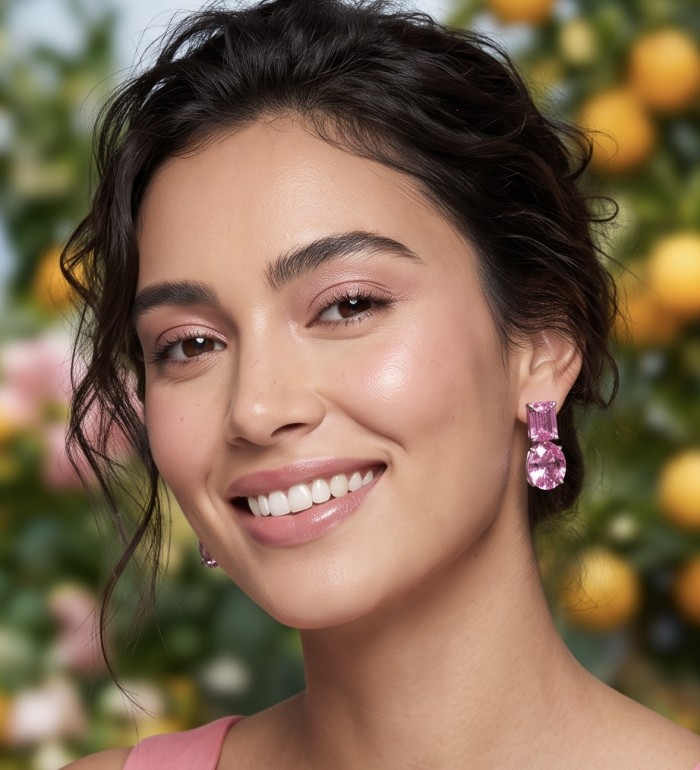 Large - Tiffany - authentic oval cut 29.7 carat Pink Sapphire .925 Sterling Silver handcrafted Earrings - Close-up of model wearing large Tiffany pink sapphire earrings