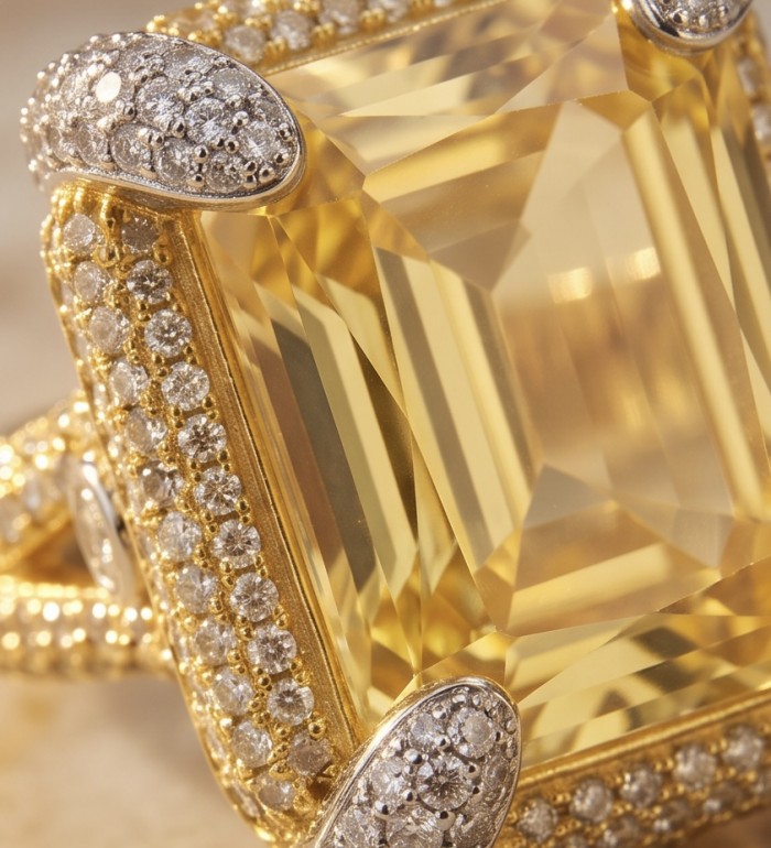 Wearable Art - Solid 27.2 carat Genuine Yellow Sapphire .925 Sterling Silver handcrafted ring size 6 1/2 - Close-up of 27.2 carat yellow sapphire ring with diamond accents