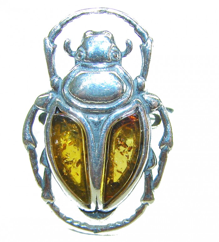 Rainbow Moonstone .925 Sterling Silver handmade ring s. 7 adjustable - Scarab beetle brooch with amber, silver detail. Front view.