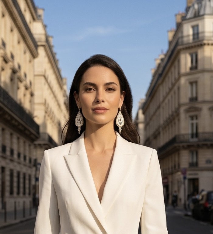 Genuine Blister Pearl lab grown Diamond 18K Gold over .925 Sterling Silver handcrafted Long Statement Earrings - Woman wearing pearl and diamond earrings on an urban street.
