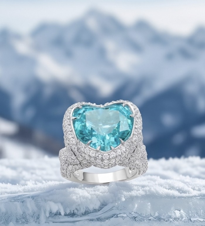 Deep Desire HEART SHAPE 18.8 carat Paraiba Tourmaline .925 Sterling Silver handcrafted ring size 8 - Close-up of heart-shaped Paraiba tourmaline ring on icy background