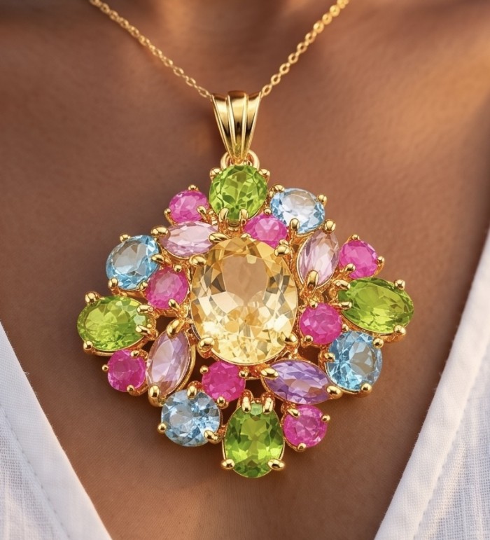 Costa del Sol 18.8 carat Citrine 18K Gold over .925 Sterling Silver handcrafted Statement pendant - Citrine pendant close-up with colorful gemstones, worn on neck.