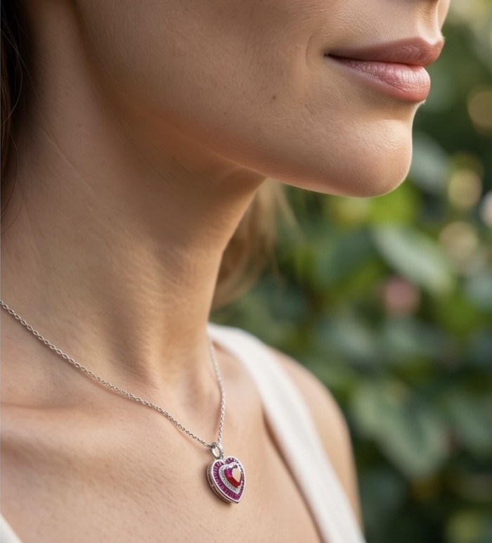 Art deco - My Sweet Heart Natural 4.8 carat Mozambique Ruby .925 Sterling Silver Handcrafted pendant - Side view of ruby heart necklace worn on neck.