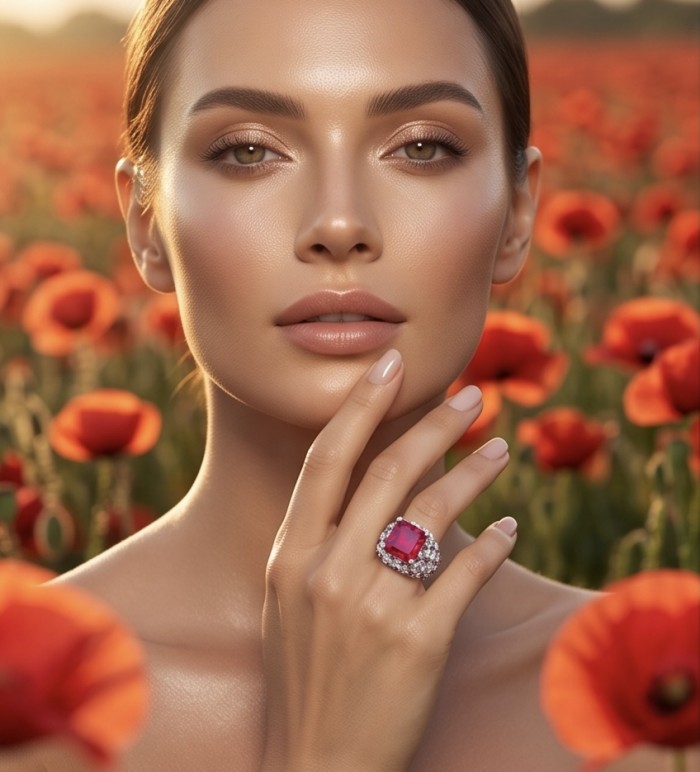 Scarlett 39.7 ctw Mozambique Ruby .925 Sterling Silver dipped in 18K WHITE Gold handcrafted Statement Ring size 8 1/4 - Close-up of Scarlett ruby ring worn on hand in a poppy field.