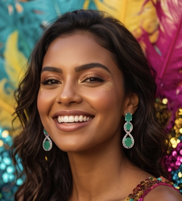 Enchanted Beauty 10.5 carat authentic Jade rhodium over .925 Sterling Silver handcrafted earrings - Woman wearing Enchanted Beauty Jade earrings, colorful feather background.