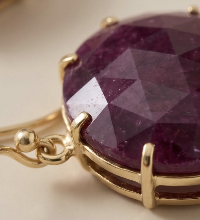 Giovanna Natural 12.4 carat Kasmir Ruby 18K Gold over .925 Sterling Silver handcrafted Statement earrings - Ruby stone close-up in gold setting, Giovanna Natural 22.2ct Kashmir Ruby