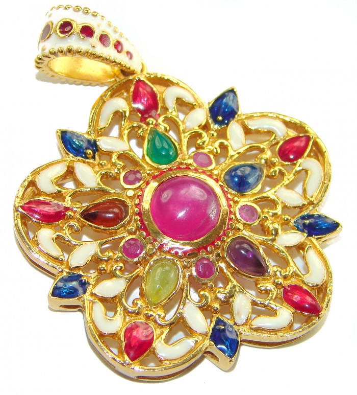 Circle of Life * Deluxe 8.2 carat authentic Ruby enamel 18K Gold over .925 Sterling Silver handmade Pendant - Close-up of Circle of Life pendant with colorful gemstones and enamel.