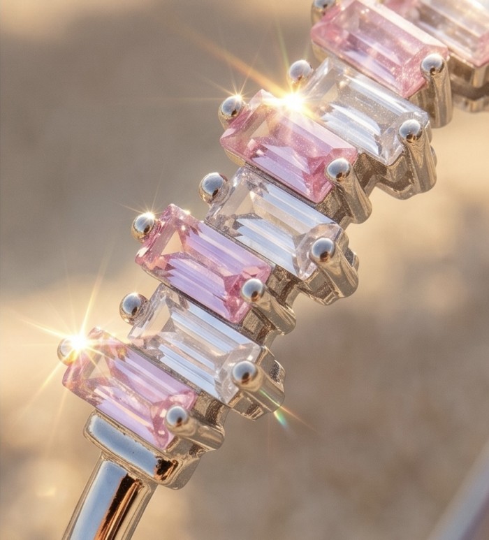 Precious Light Natural 6.8 carat Pink Topaz .925 Sterling Silver bracelet - Close-up of Precious Light Pink Topaz stones in sterling silver setting