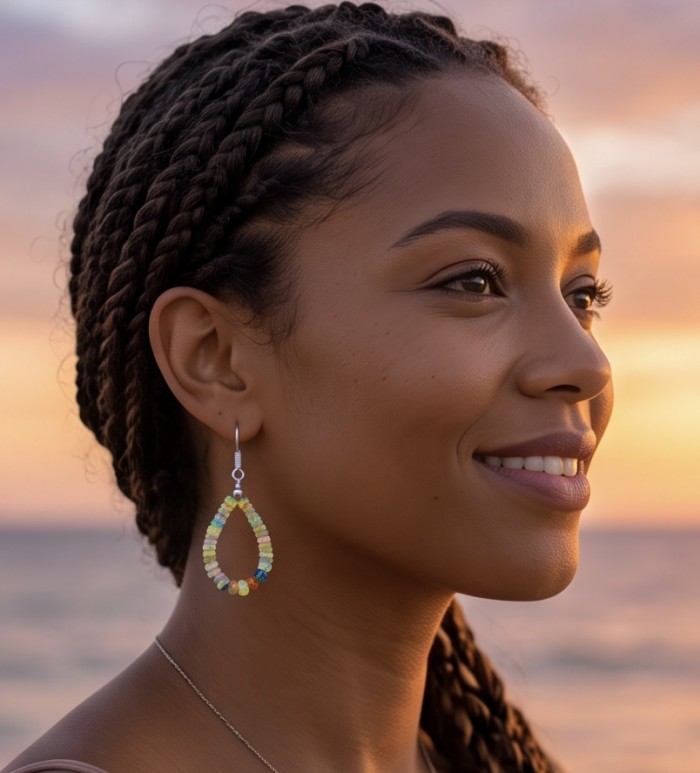 Golden Mist - Authentic 8.9 carat Ethiopian Opal .925 Sterling Silver handmade earrings - Side view of woman wearing Golden Mist Ethiopian Opal earrings