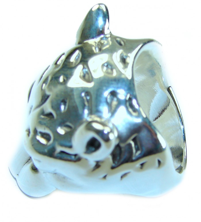 Cheetah Head Marcasite Ruby .925 Sterling Silver handcrafted Statement Ring size 7 - Close-up of cheetah head silver ring with embossed details.