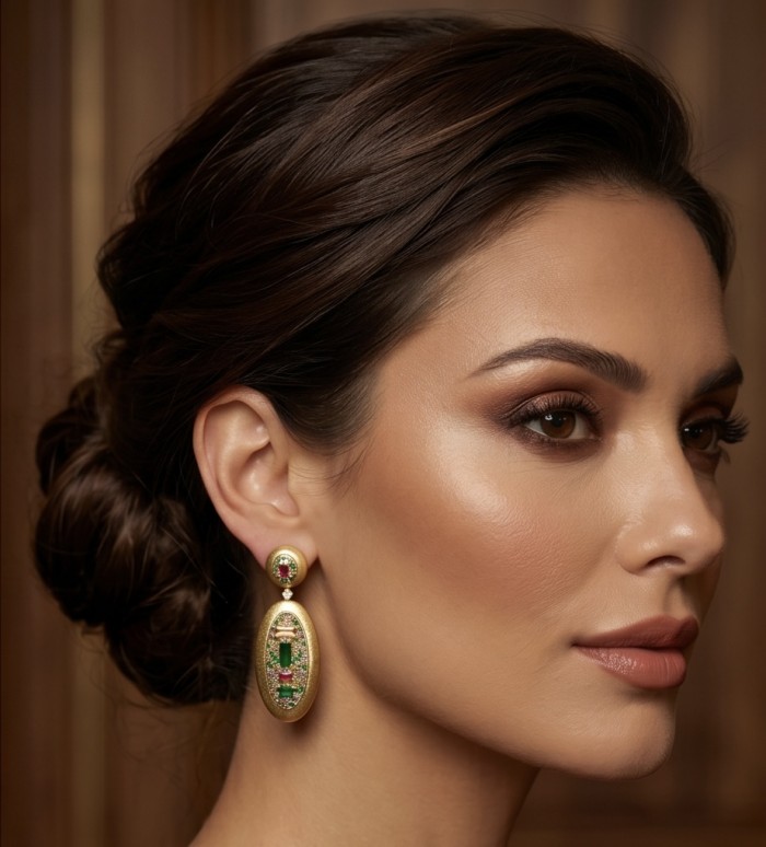Byzantine design Authentic 8.2 carat Topaz 18K Gold over .925 Sterling Silver handcrafted Statement earrings - Woman wearing Byzantine design earrings, side profile view.