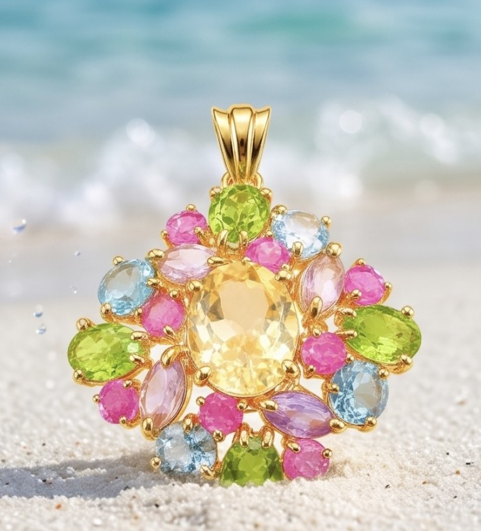Costa del Sol 18.8 carat Citrine 18K Gold over .925 Sterling Silver handcrafted Statement pendant - Colorful gemstone pendant in sand with ocean background.