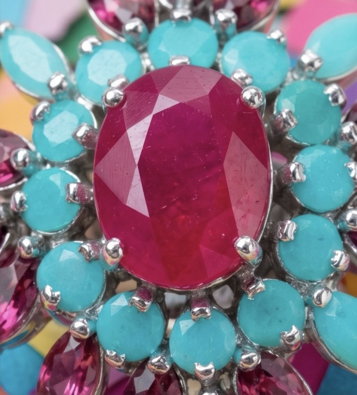 Carmen Natural 12.4 carat Ruby .925 Sterling Silver dipped in rhodium handmade Large Statement Ring size 6 1/2 - Close-up of Carmen natural ruby and turquoise gemstone setting.