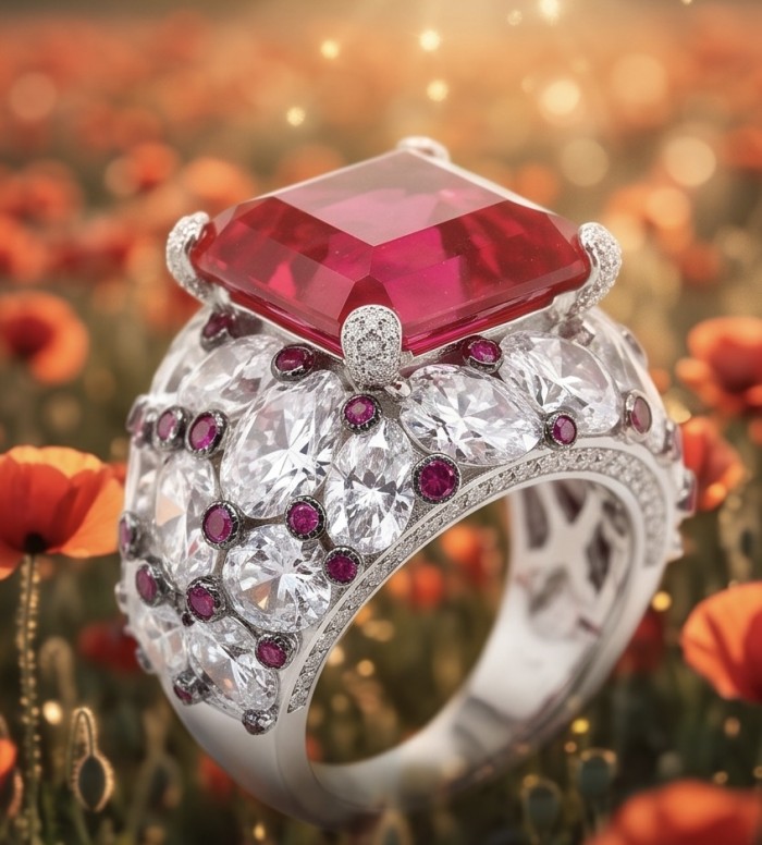 Scarlett 39.7 ctw Mozambique Ruby .925 Sterling Silver dipped in 18K WHITE Gold handcrafted Statement Ring size 8 1/4 - Close-up of Scarlett 39.7 ctw ruby ring in a field of flowers.