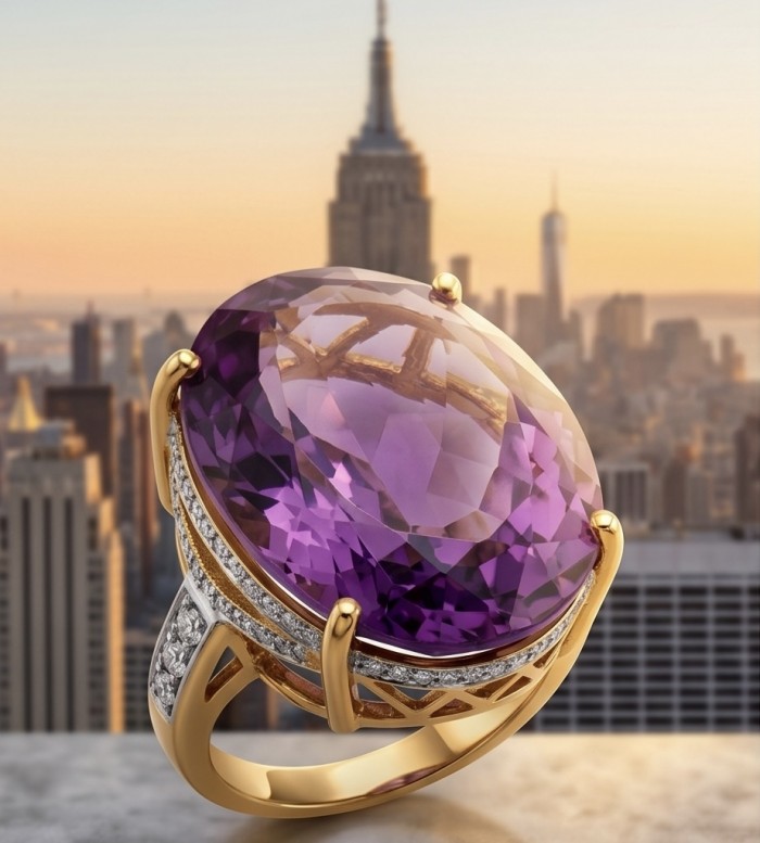 Empress of Uruguay 32.2 carat natural Amethyst .925 Sterling Silver dipped in 22K Gold Handcrafted Ring size 7 3/4 - Amethyst ring close-up against a cityscape background.