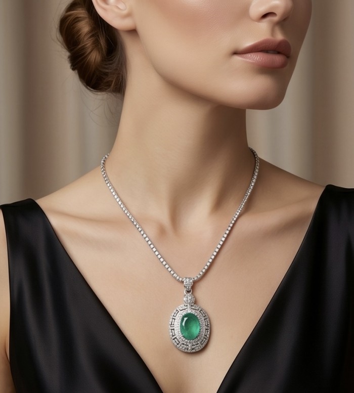 Colombian Briliance - oval cut 22.7 carat Emerald .925 Sterling Silver handcrafted necklace - Close-up of a woman wearing Colombian Brilliance emerald necklace.