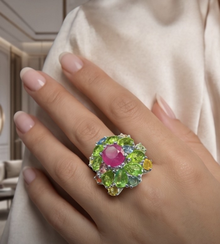 Blooming Garden 6.8 carat Mozambique Ruby 15.5 carat Peridot rhodium over .925 Sterling Silver handmade Statement Ring size 8 adjustable - Blooming Garden ring worn on hand, featuring ruby and peridot gems.