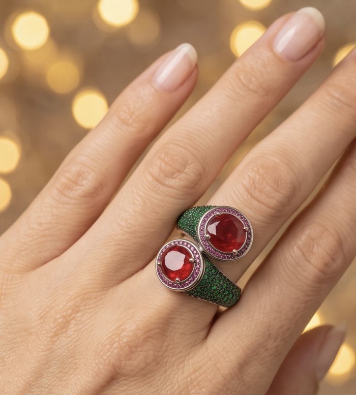 Giovanna Natural 8.6 carat Ruby pave Emerald .925 Sterling Silver dipped rhodium handmade Statement Ring size 8 - Dual ruby and emerald pave ring worn on hand