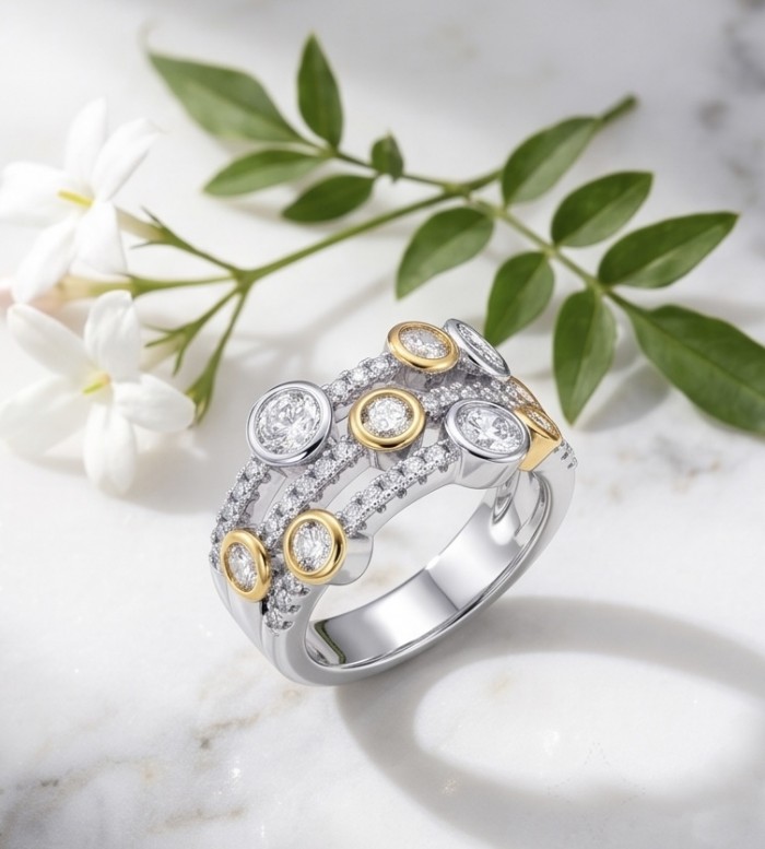 Aphrodite - 1.8 carat White Topaz two tones .925 Sterling Silver handcrafted ring size 7 3/4 - Two-tone sterling silver ring with topaz, angled view, floral backdrop