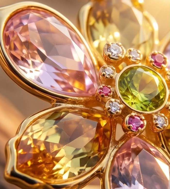 Cherry Blossom 27.5 carat Pink Amethyst Citrine 14K Gold over .925 Silver handcrafted Cocktail Ring s. 7 - Stone close-up of Cherry Blossom jewelry with pink amethysts and citrine.