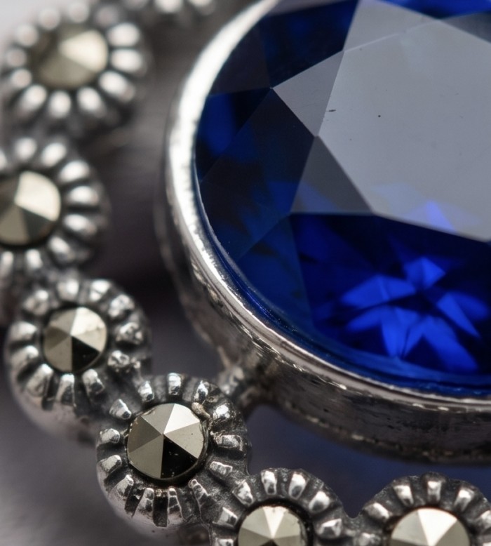 Julietta 14.5 carat London Blue Topaz Marcasite .925 Sterling Silver handmade Statement Pendant - Close-up of Julietta 14.5 carat London Blue Topaz with marcasite accents.
