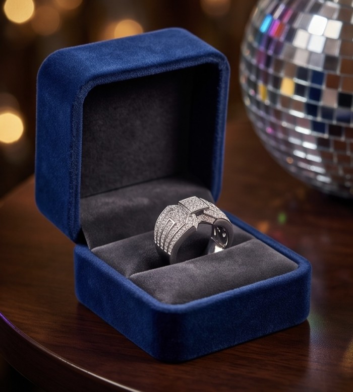 Aphrodite - 4.8 carat White Topaz Silver tone handcrafted Soild ring size 7 - Silver tone ring in blue velvet box on wooden table, disco ball in background.