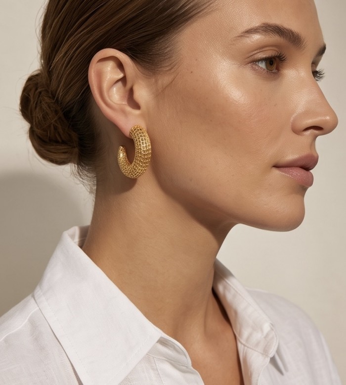 Dubai Style - Golden fancy Drops .925 Sterling Silver dipped in 22K Gold handmade Earrings - Side view of gold hoop earring worn on woman