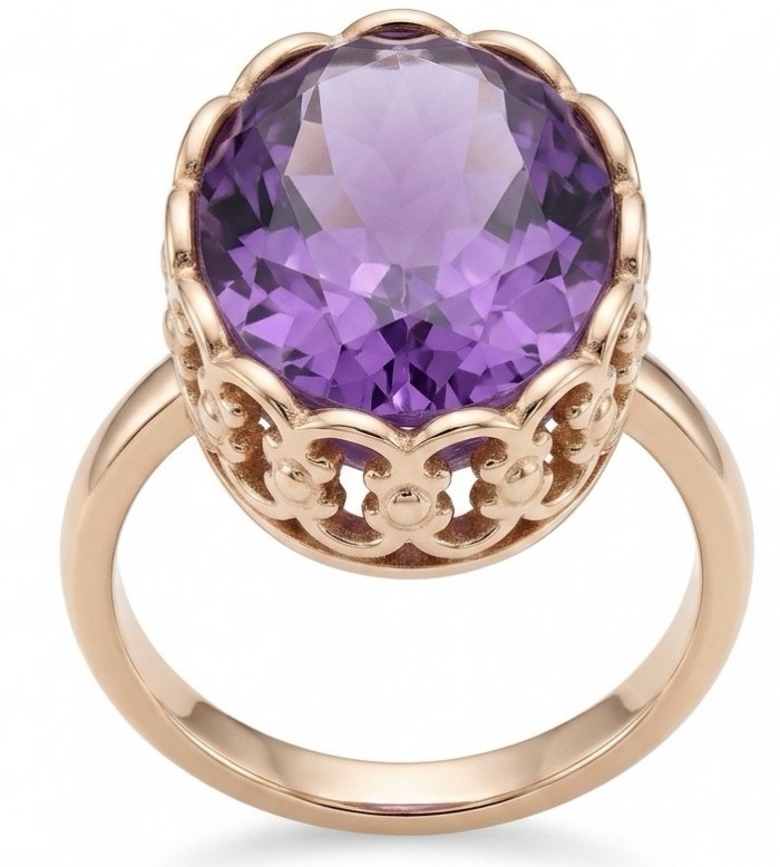 Lavender Love 15.5 carat natural Amethyst 18K Gold over .925 Sterling Silver Handcrafted Ring size 8 - Amethyst ring in gold, top view with ornate setting