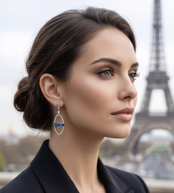 Giovanna - Authentic 8.9 carat Tanzanite .925 Sterling Silver handcrafted earrings - Side view of woman wearing Giovanna Tanzanite earrings, Eiffel Tower backdrop.