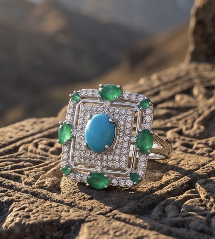 Art Deco - Pacifica - 18.4 carat Turquoise Emerald .925 Sterling Silver handmade Statement ring s. 8 adjustable - Square turquoise-emerald ring on textured surface, facing front.